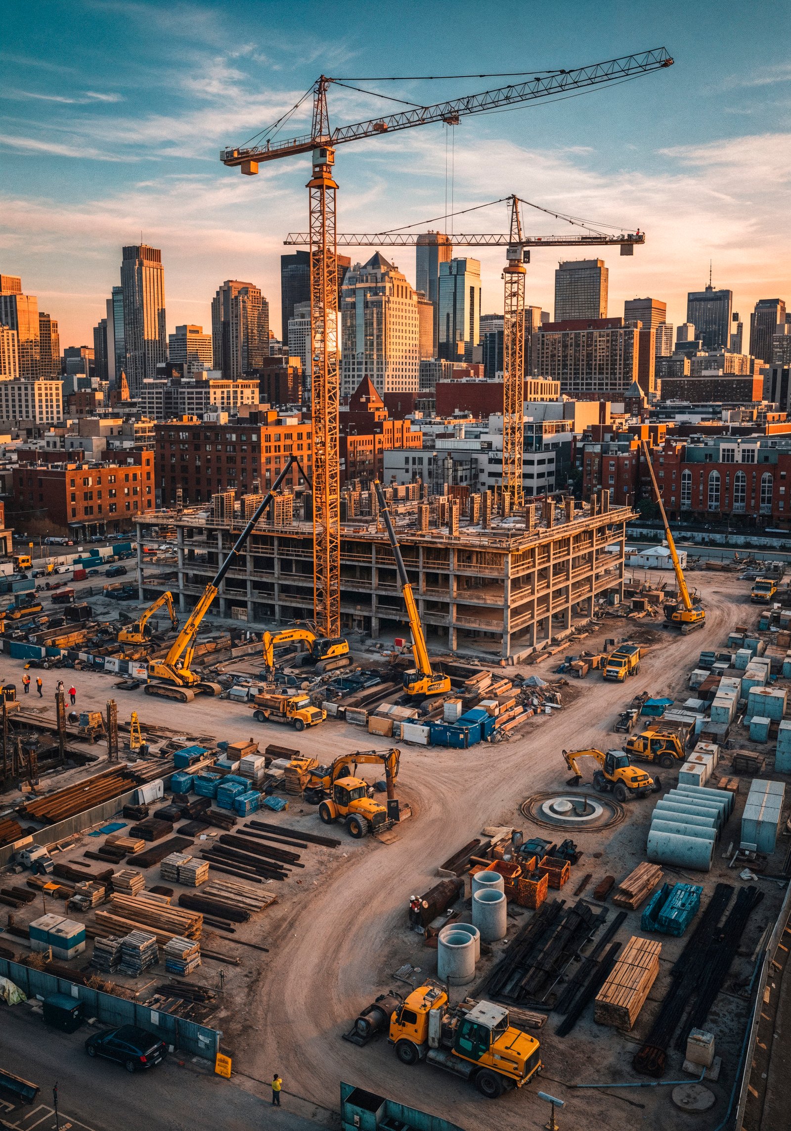 construction site city with cranes buildings