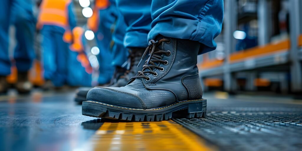 closeup view factory workers lower body safety shoes concept factory workers safety shoes closeup view lower body footwear