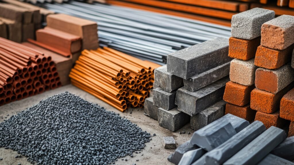 construction materials like steel beams and bricks arranged, with room for copy